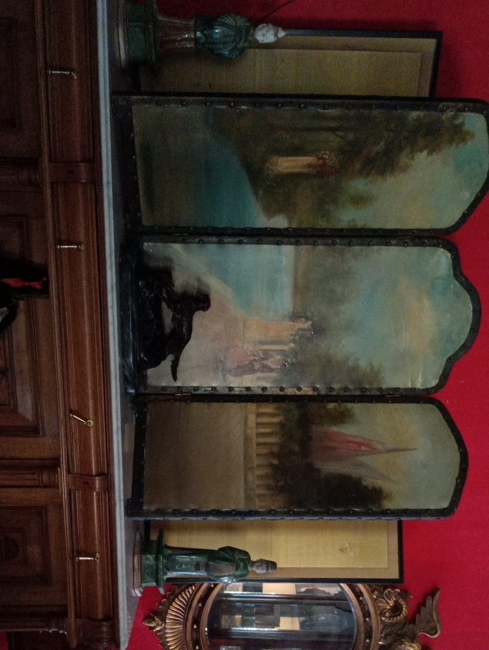 Rare Antique French Rococo Hand-Painted Leather Fireplace / Accent Screen - Picture 5 of 16